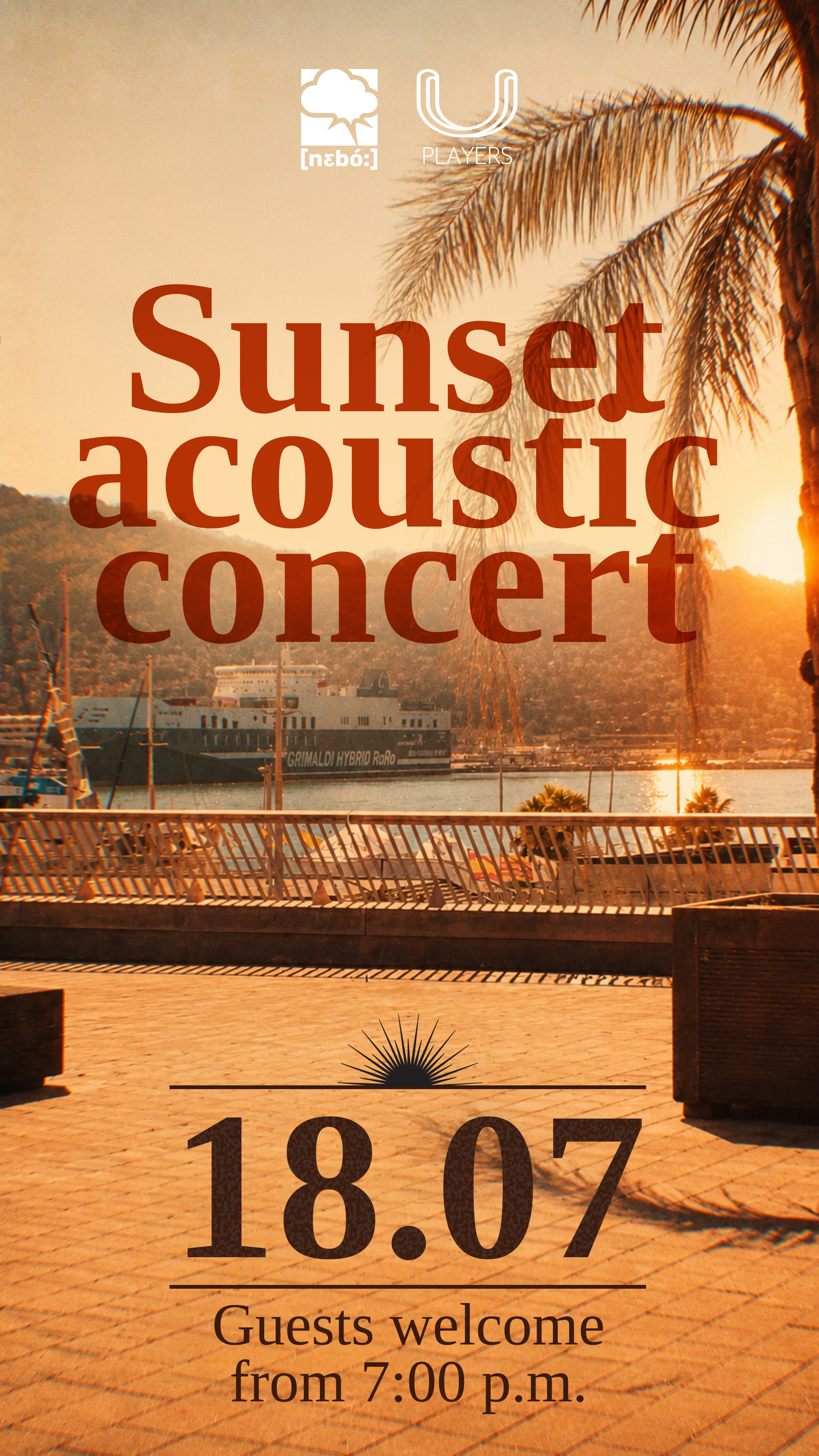 Sunset over the Barcelona marina with palm trees, poster for the NEBO acoustic concert